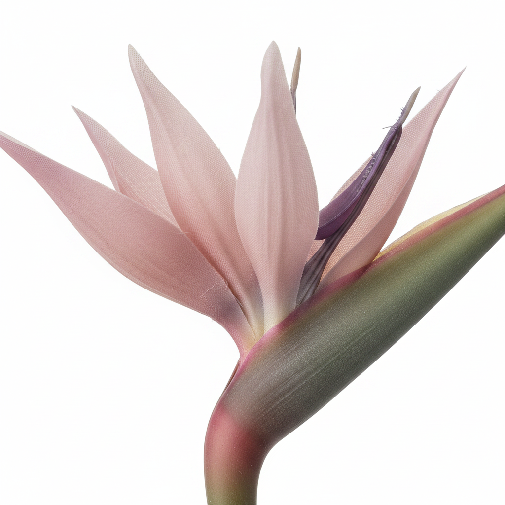 Close-up detail of blush mauve dusty pink Bird of Paradise artificial flower bloom showing soft petal texture and plum tones