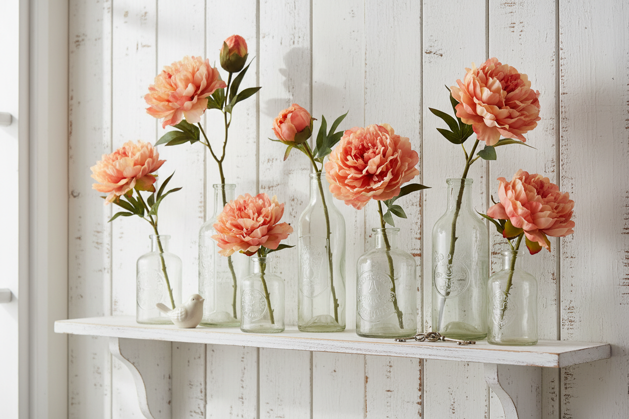 Shabby chic styled shelf display with peach coral peony stems in vintage bottles on white distressed wood, cottagecore home decor with soft natural lighting