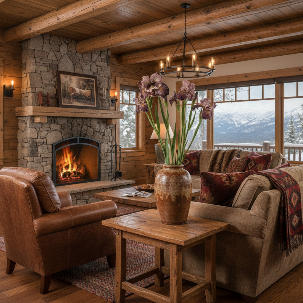 Deep purple artificial iris in rustic vase, western cabin lodge decor with natural wood and warm textures, 33 inches tall