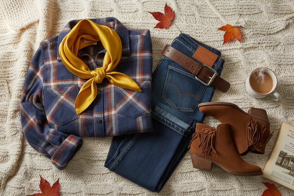 Golden yellow wild rag with plaid flannel shirt, dark jeans, and suede booties, fall western outfit