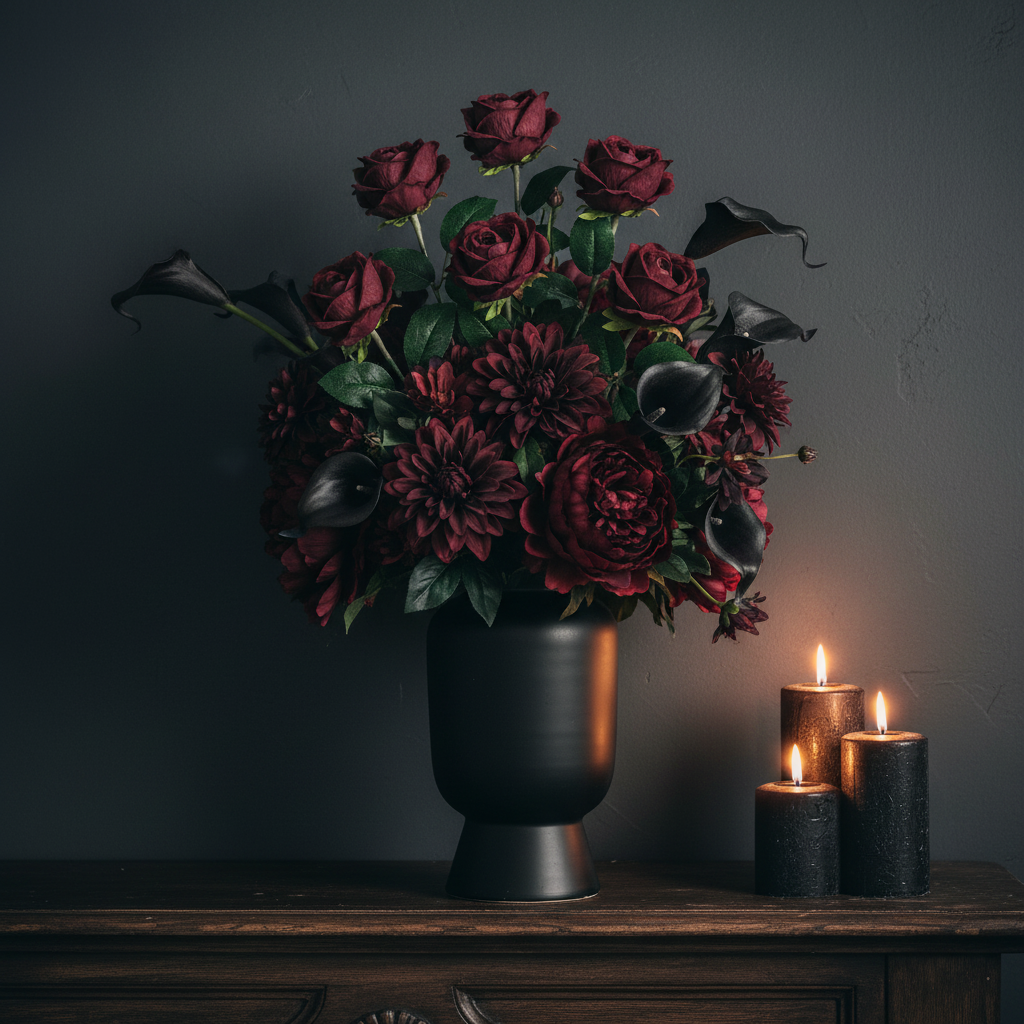 Moody gothic centerpiece with artificial burgundy velvet roses, dark dahlias and black calla lilies in matte black vase with candlelight, dark academia decor