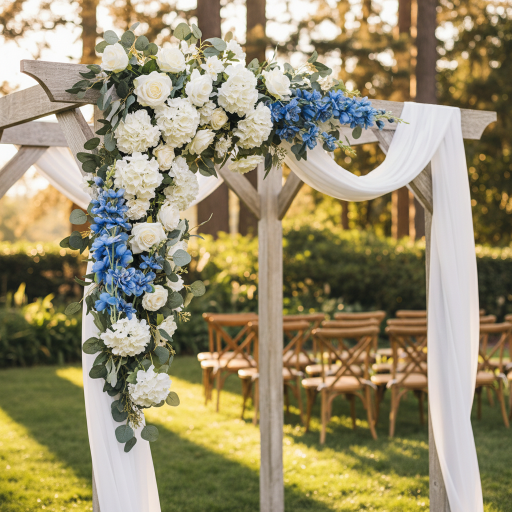 Artificial blue delphinium silk flower stem decorating an outdoor wedding arch with white roses, hydrangeas, and eucalyptus in a garden golden hour setting
