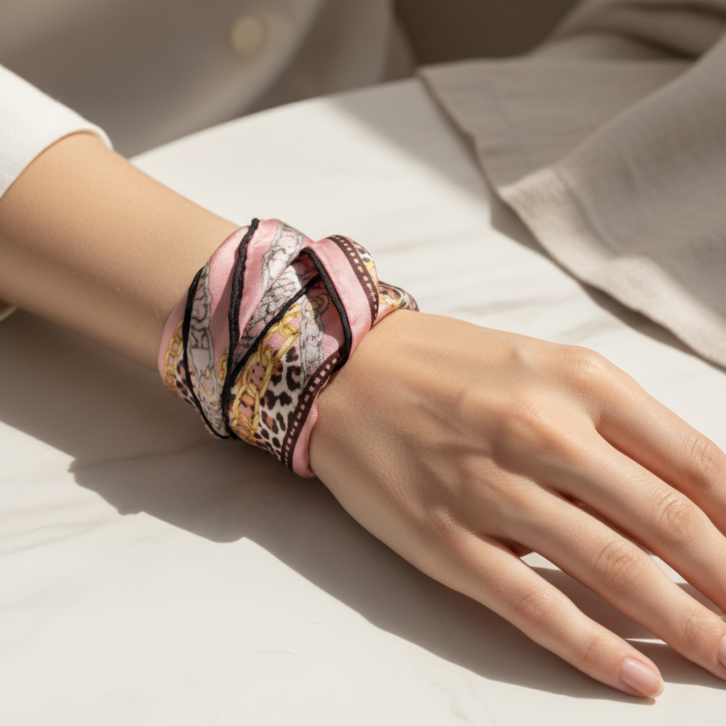 Blush Safari Satin Scarf Wrapped as Wrist Wrap Bracelet 20x20 Square Scarf Pink Leopard