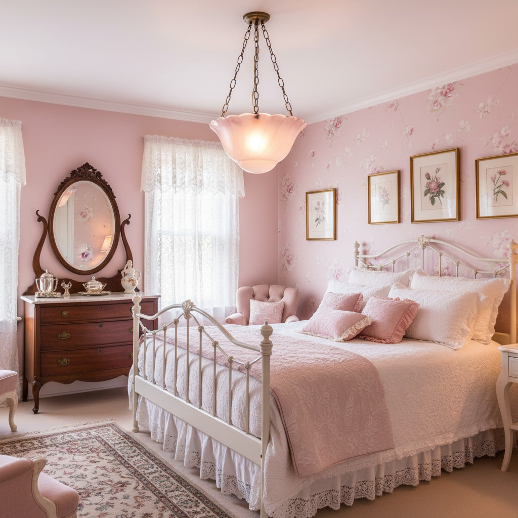 Pink swirl frosted glass ceiling light in romantic pink Victorian bedroom with ornate iron bed and lace details