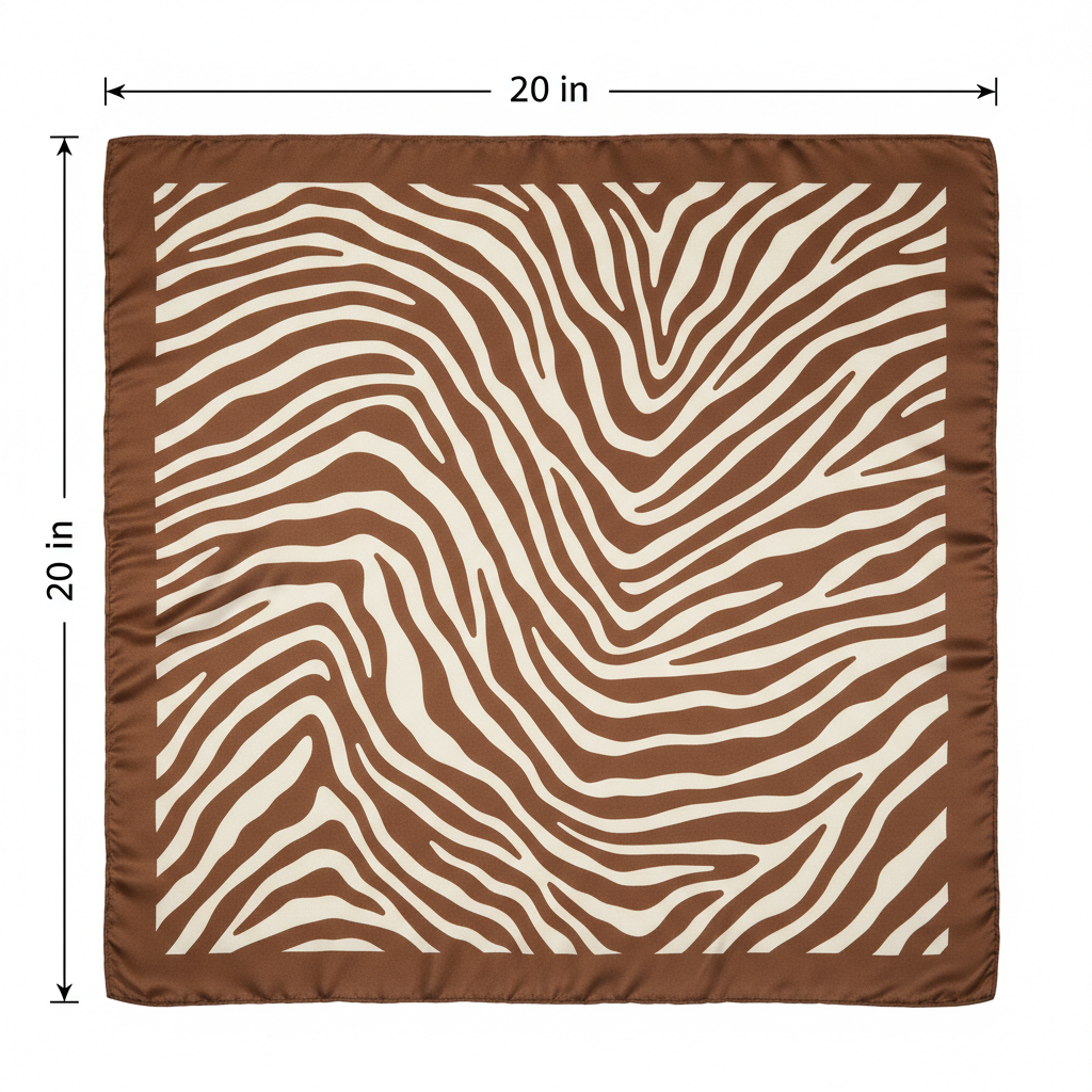 Measurement diagram showing brown cream zebra print square scarf dimensions 20 x 20 inches