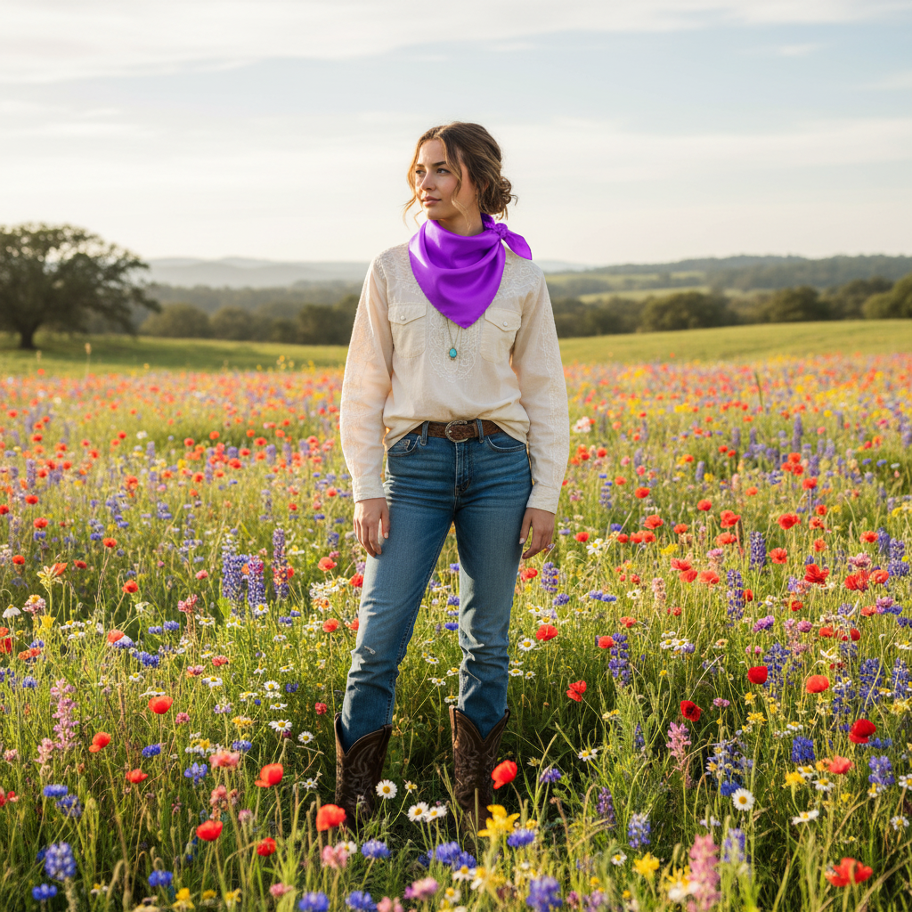 Spring wildflower field lifestyle with woman wearing purple satin wild rag scarf, natural sunlight