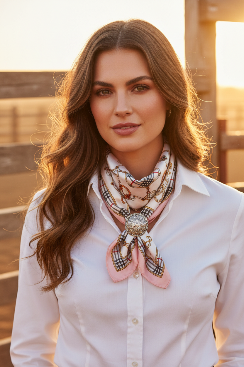 Woman with long wavy brown hair wearing blush pink equestrian satin square scarf tied at neck with silver concho white button-down shirt rodeo western outdoor setting 20x20