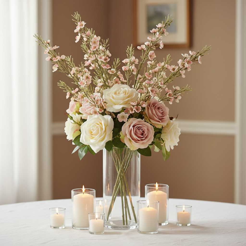 Artificial blush pink dogwood stems in elegant wedding centerpiece with ivory and blush roses in tall glass vase