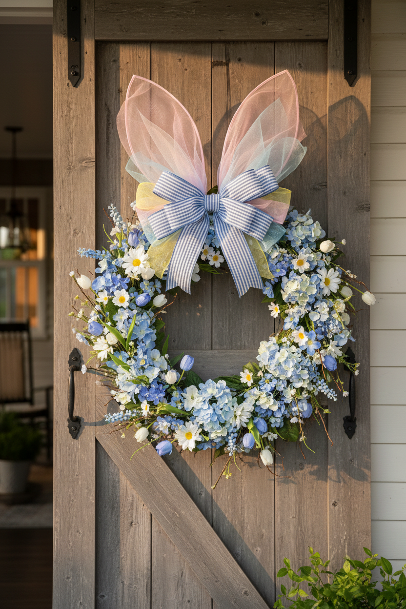 Spring bunny wreath form with fabric ears decorated with blue and white florals on rustic wooden barn door