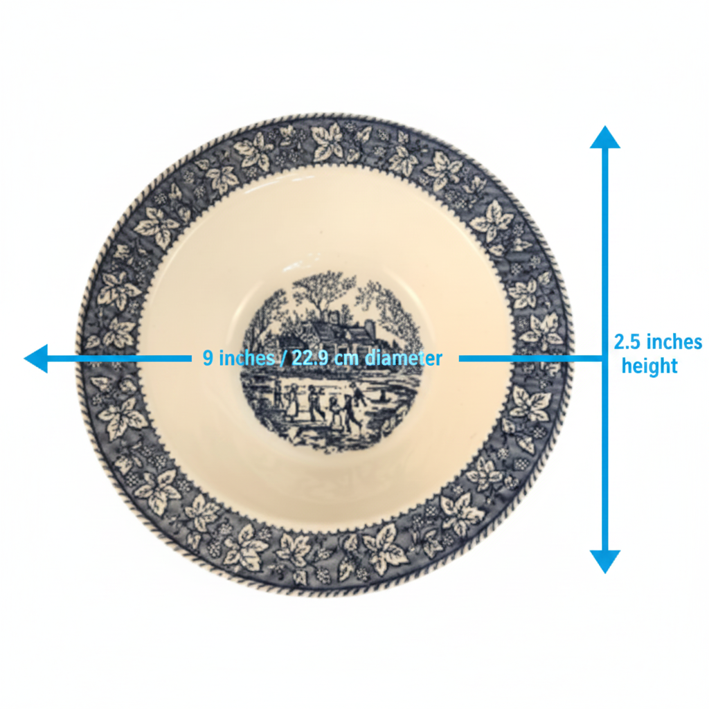 Vintage Homer Laughlin Shakespeare Country serving bowl size reference showing 9 inch diameter and 2.5 inch height
