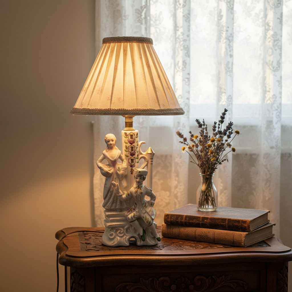 Vintage Wales Pottery Victorian couple porcelain boudoir lamp with fabric shade glowing warmly on a cottagecore bedside table with lace, dried flowers, and vintage books