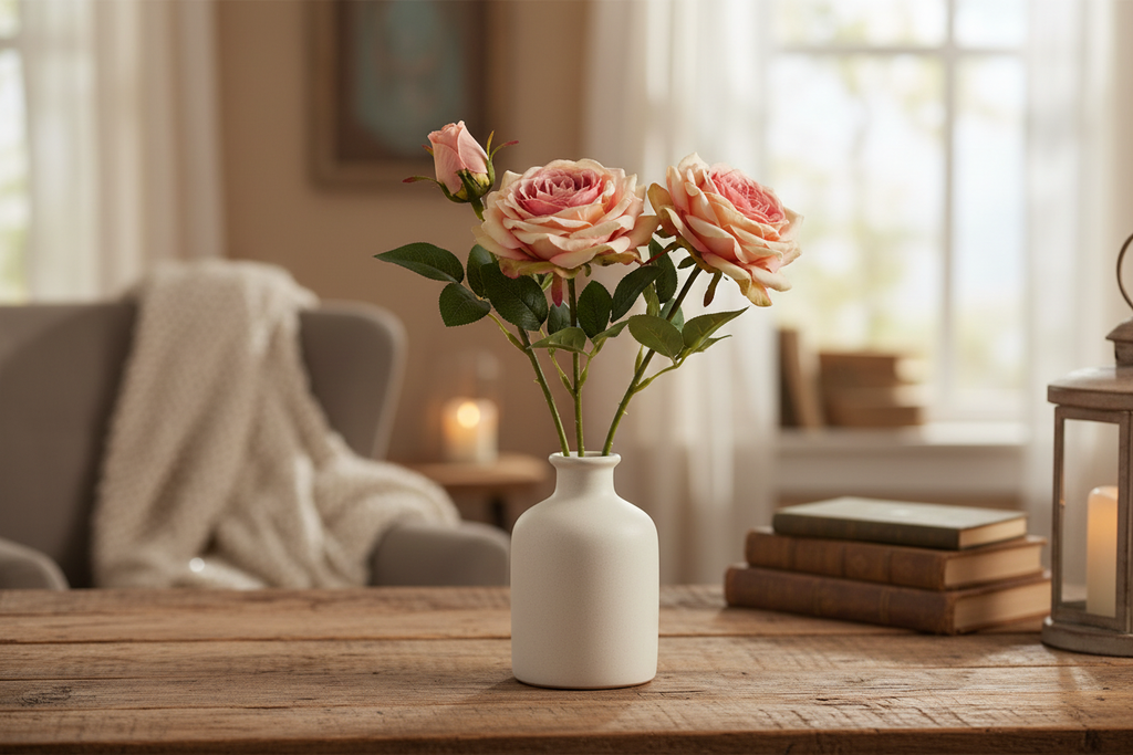 Three artificial pink rose stems arranged in ceramic vase on rustic wooden table, farmhouse cottage interior decor