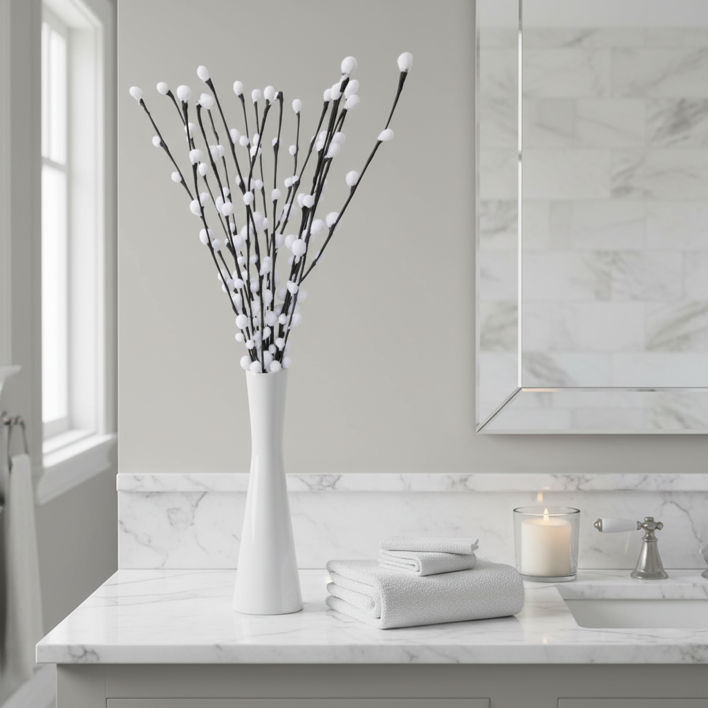 Artificial pussy willow stems in white ceramic vase on marble bathroom countertop with white towels and candle in spa-style bathroom