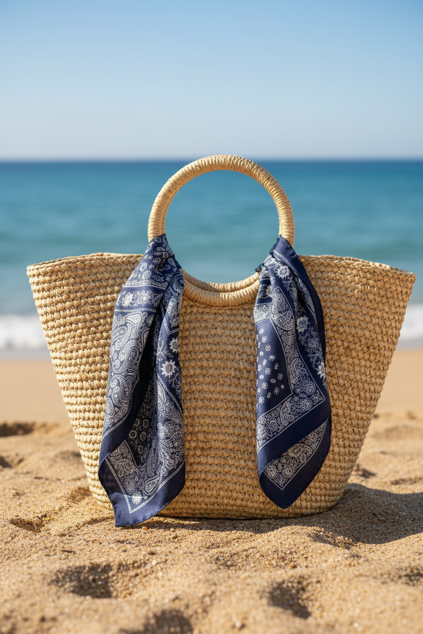 Navy blue and white paisley square scarf loosely draped over natural straw beach bag on sandy beach with ocean in background