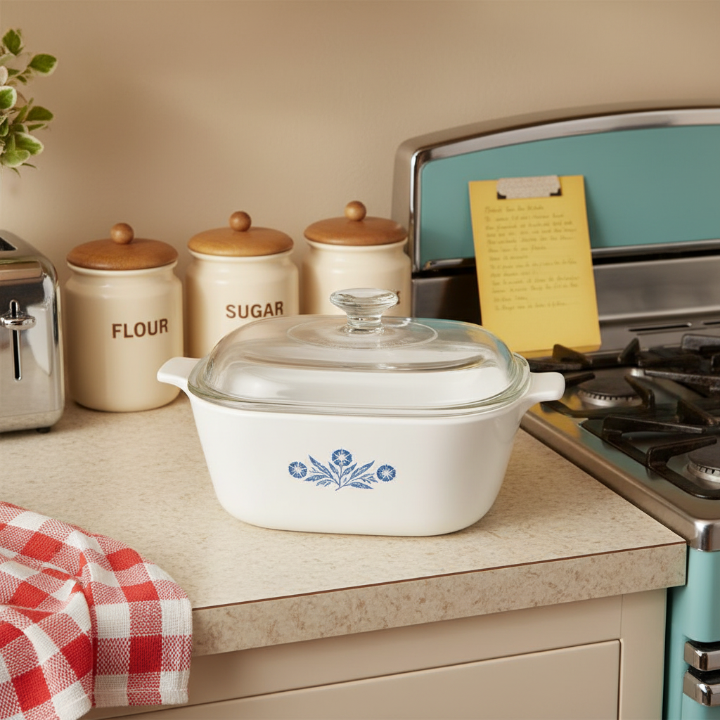 Vintage Corning Ware Blue Cornflower casserole dish styled on a retro 1960s kitchen counter with ceramic canisters and checkered dish towel