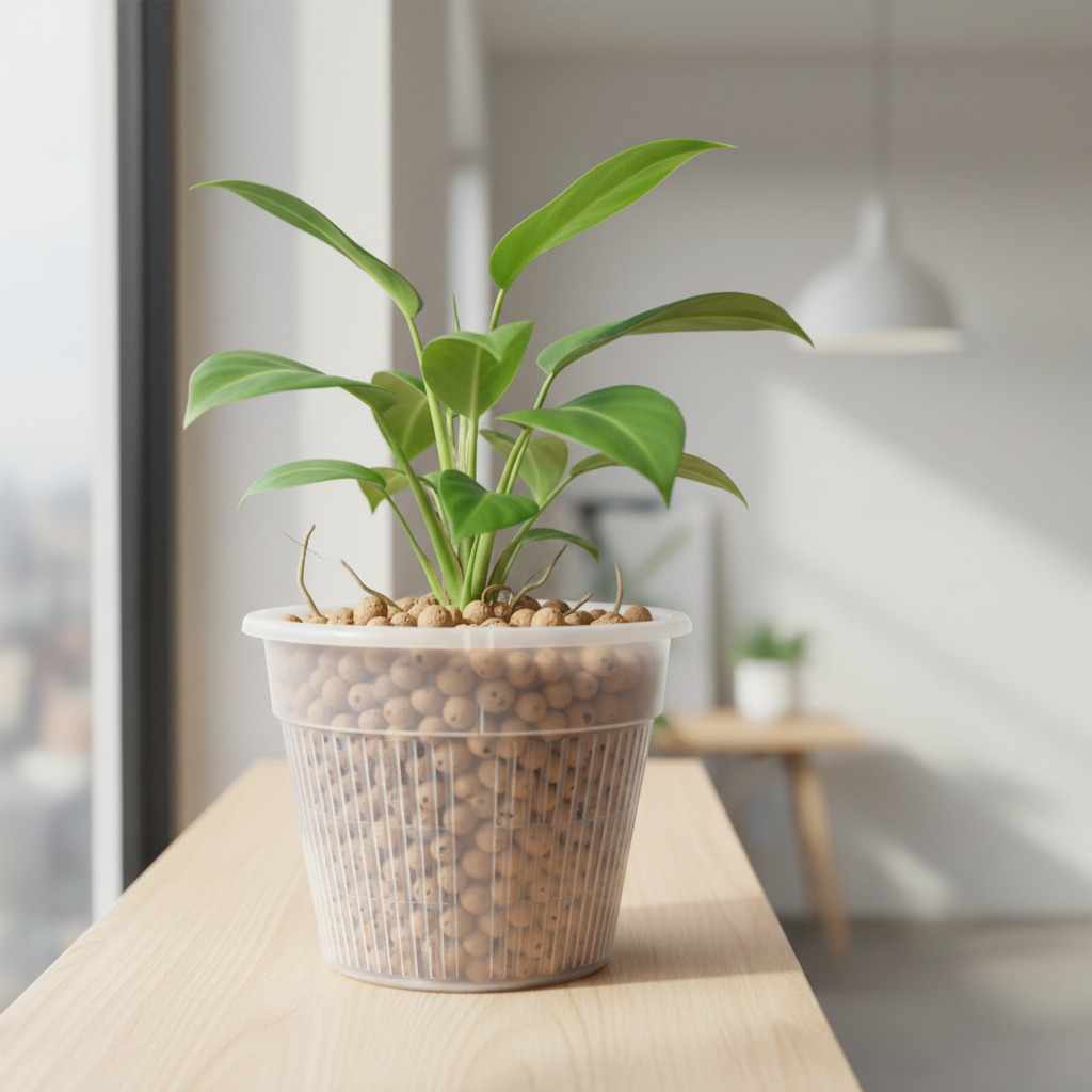 Clear 6 inch slotted orchid pot with open air slits filled with LECA clay pebbles in a semi-hydro setup