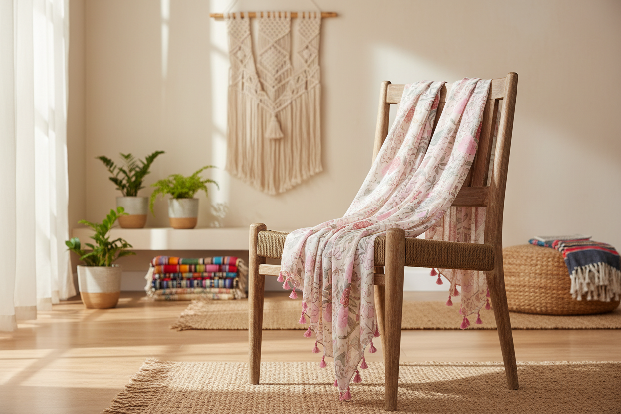 Pink floral scarf draped over rustic chair in bright room