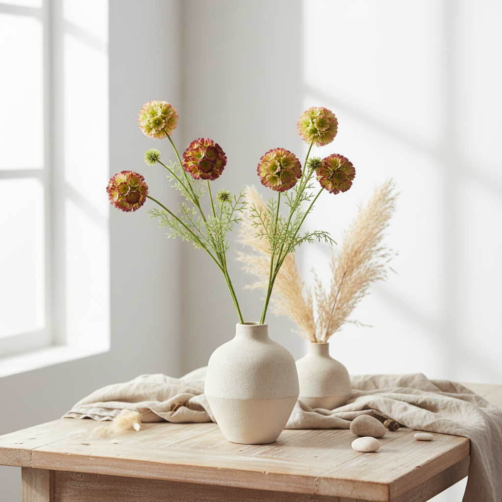 Artificial green blush burgundy scabiosa stems in a neutral cream ceramic vase with boho styling, linen, and dried pampas grass on a light wood surface
