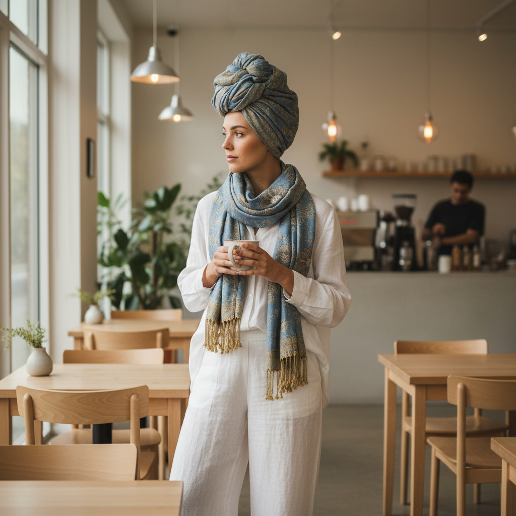 Woman wearing denim blue gold paisley jacquard scarf tied as head wrap turban with white linen outfit in cafe
