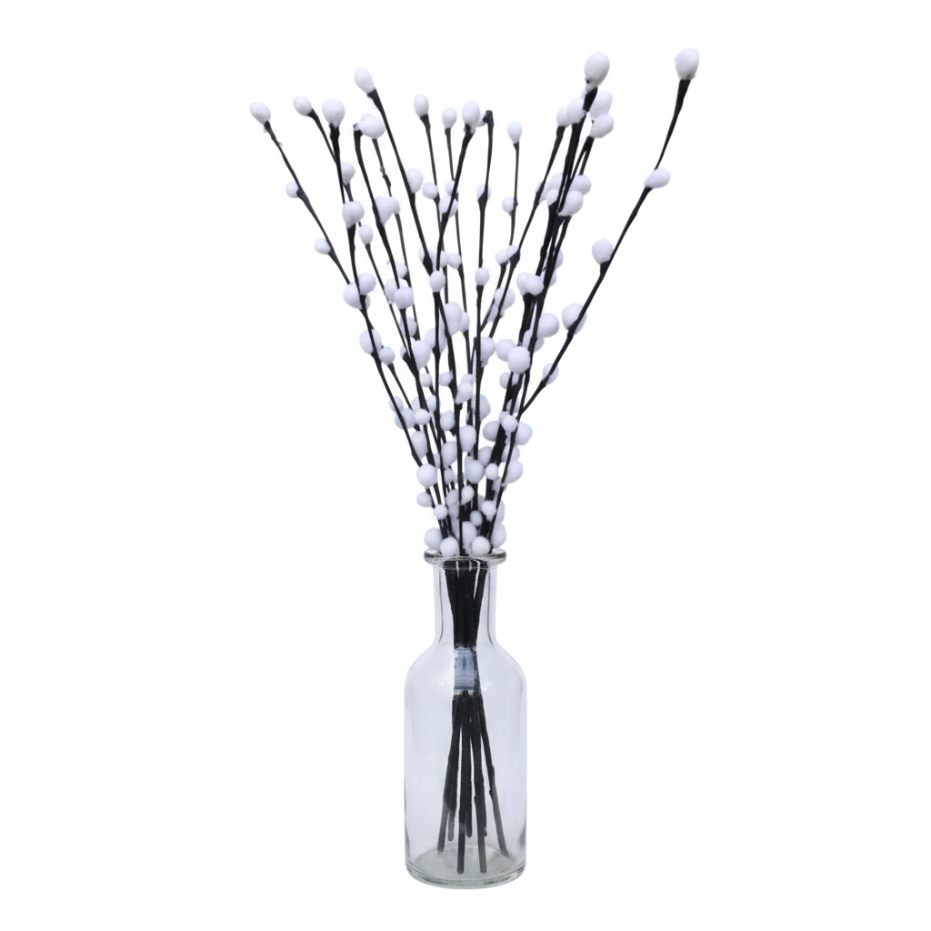 18 artificial pussy willow stems with black branches and white buds in clear glass vase on pure white background