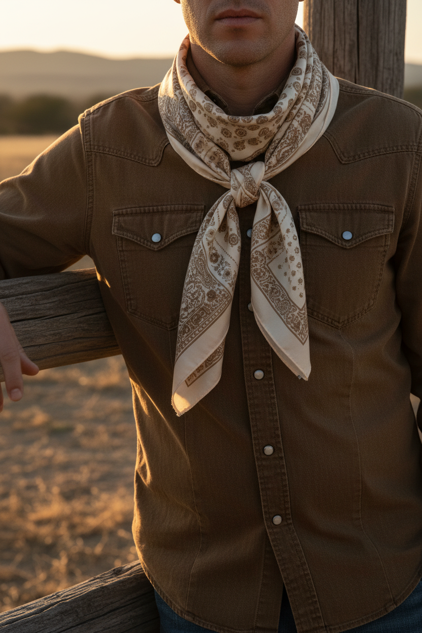 34x34 tan beige paisley scarf worn as cowboy neckerchief at ranch fence
