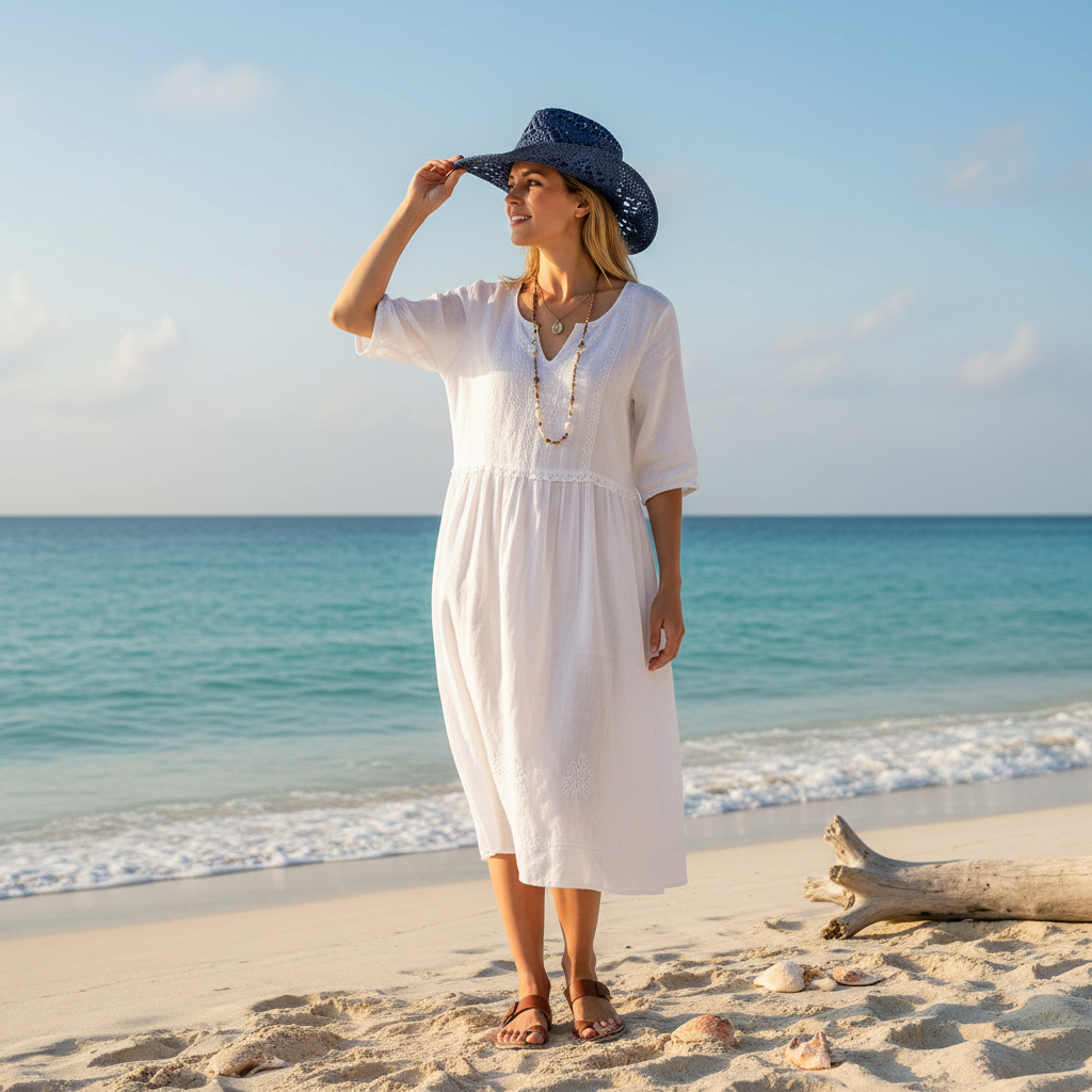 Woman wearing blue woven straw cowboy hat at the beach with ocean background, casual summer beachwear styling