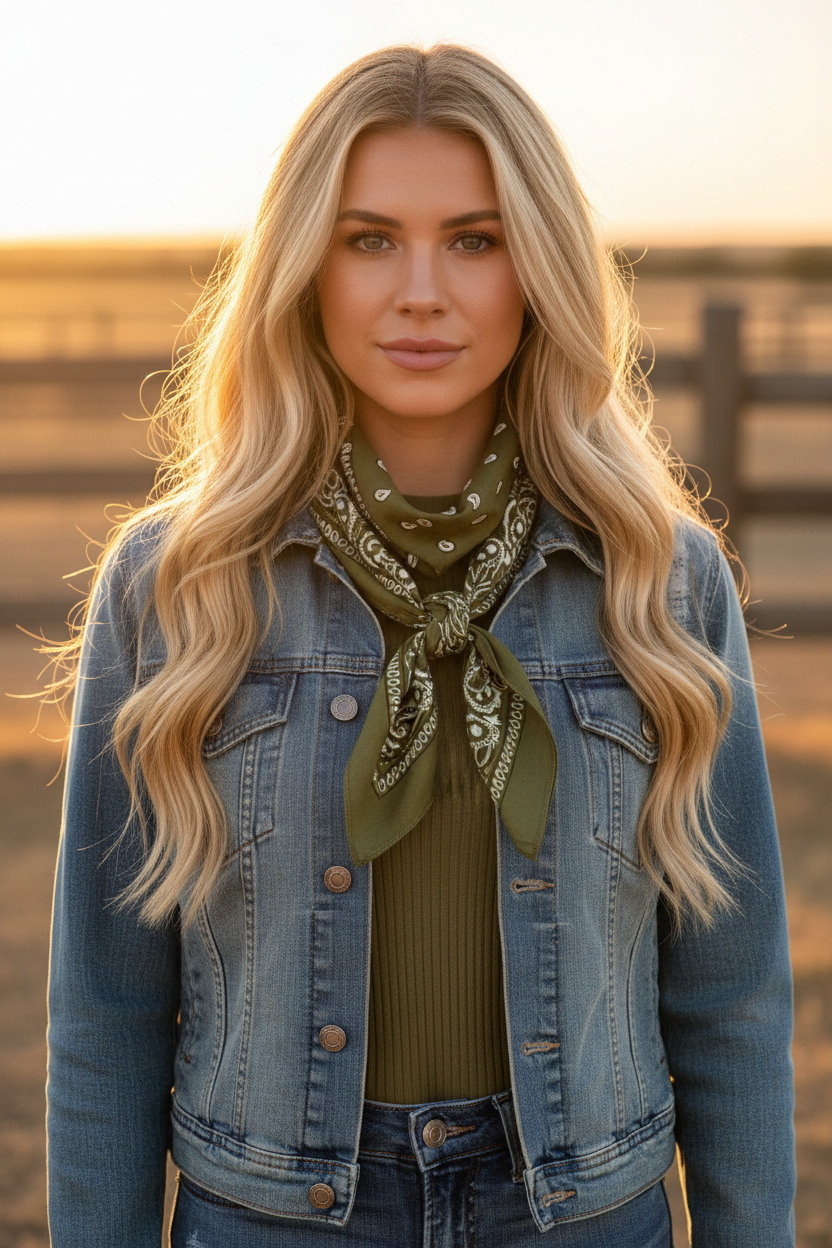 Cowgirl wearing olive green paisley bandana tied as a wild rag at the neck, ranch setting