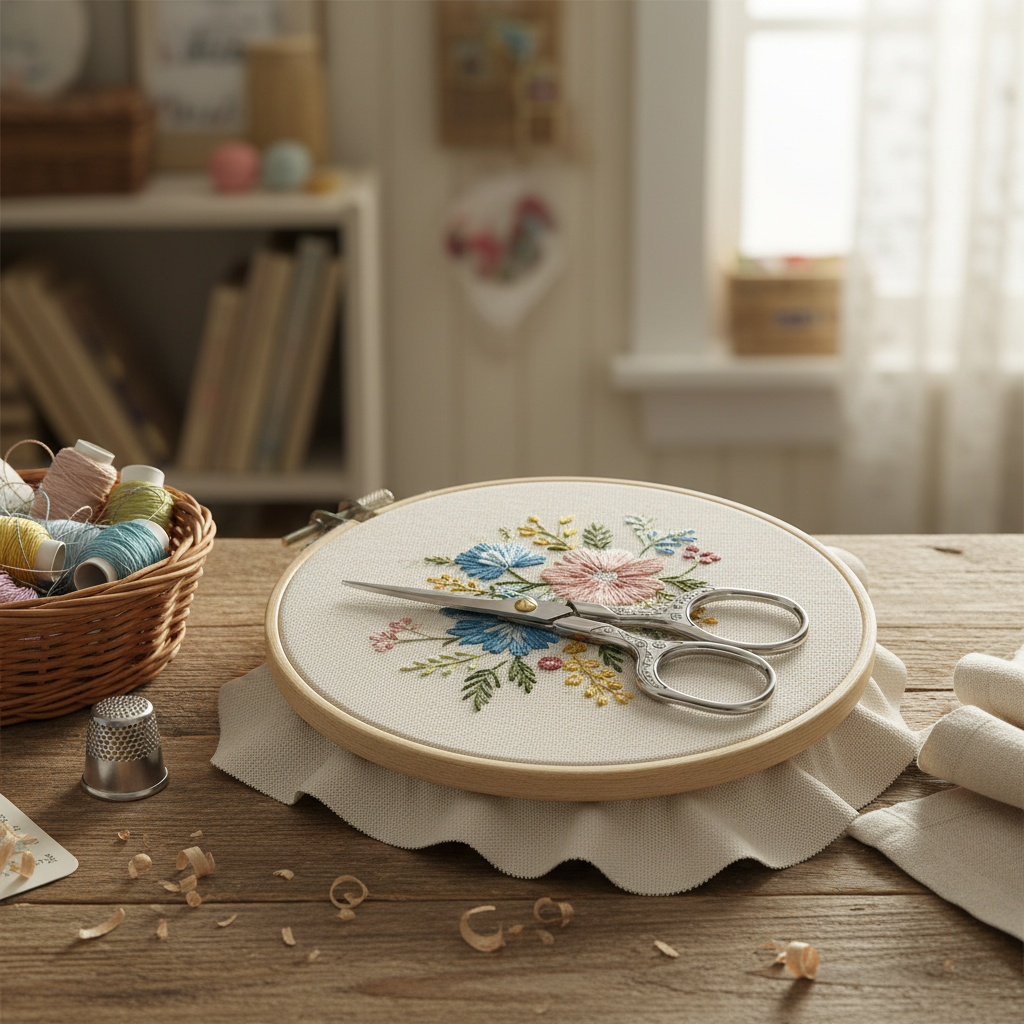 Ornate silver embroidery scissors resting on an embroidery hoop project with wicker basket of thread, thimble and folded cream linen on rustic wooden table