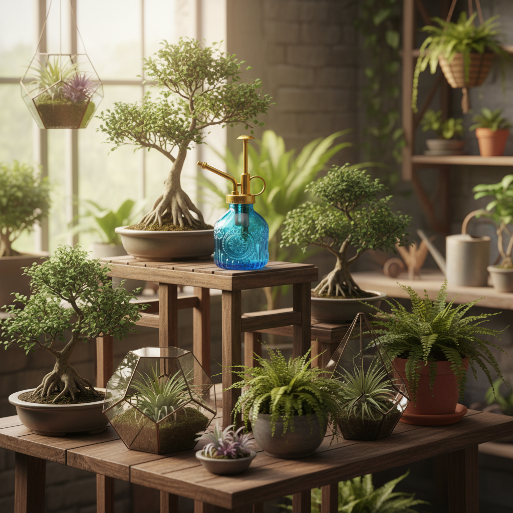 Blue glass plant mister with gold pump on wooden stand with bonsai trees and air plants