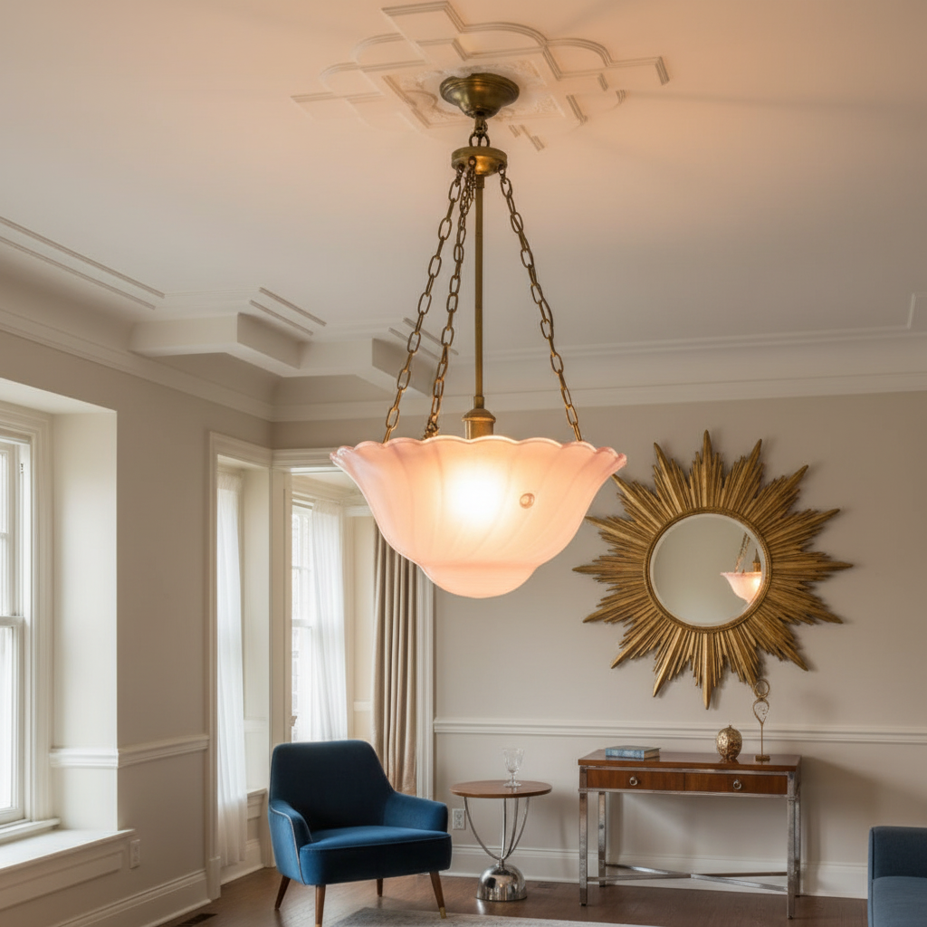 Art Deco pink swirl frosted glass ceiling light shade hanging with three brass chains and warm light in 1930s Art Deco interior