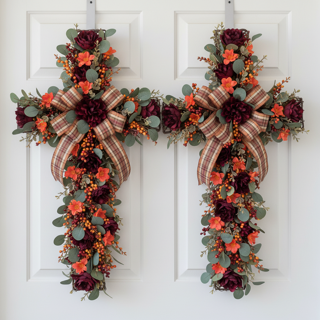 Burgundy and coral fall cross wreath with autumn berries and plaid ribbon
