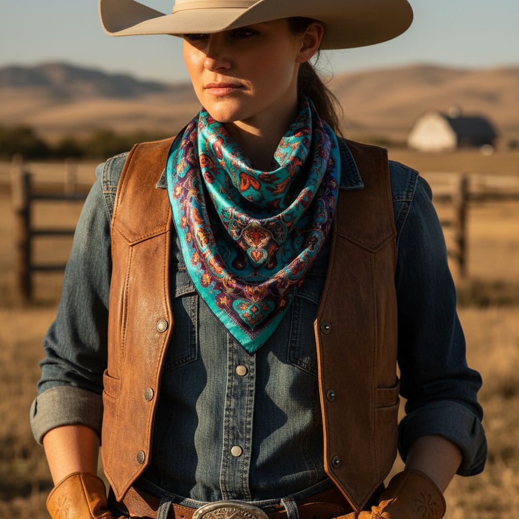 Cowgirl wearing turquoise paisley silk satin wild rag neckerchief western outfit ranch lifestyle