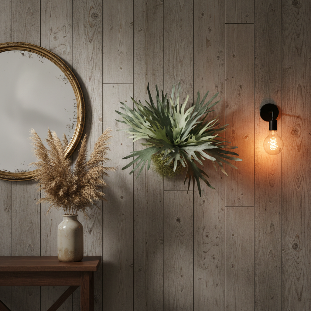 Faux staghorn fern displayed on rustic wood-paneled wall in farmhouse entryway with vintage mirror and warm lighting
