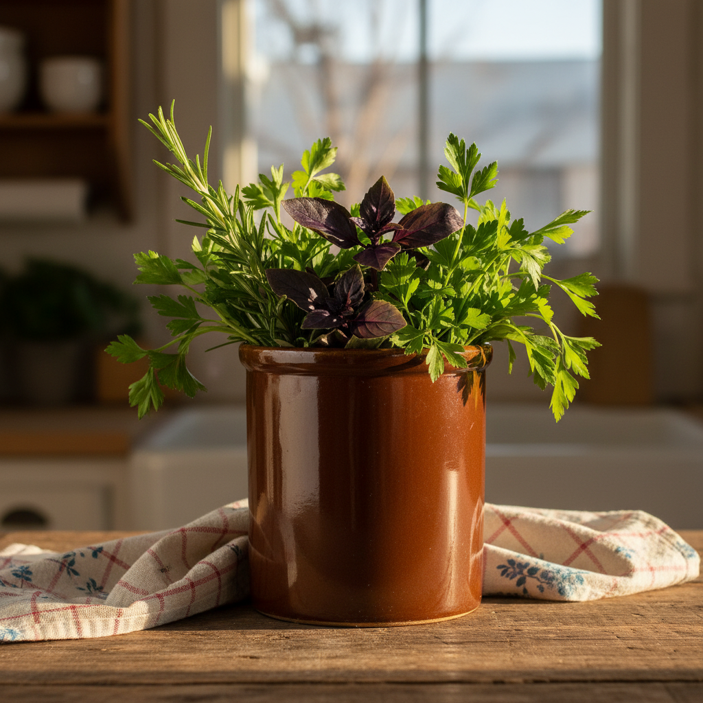 Close-up detail of vintage Hall brown glazed ceramic crock with fresh herbs on rustic wood table