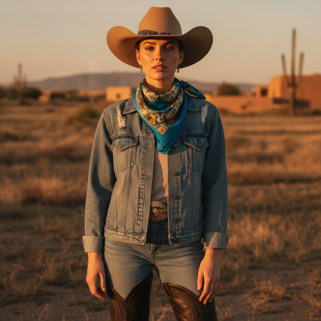 Woman wearing teal blue gold paisley satin scarf as a western neck bandana with cowboy hat – rodeo and ranch wear styling