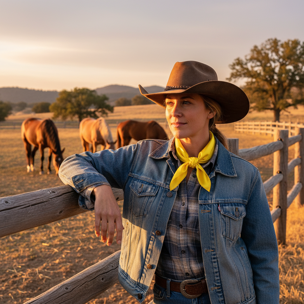 Woman wearing yellow wild rag scarf on western ranch with horses, denim jacket and cowboy hat, ranch lifestyle