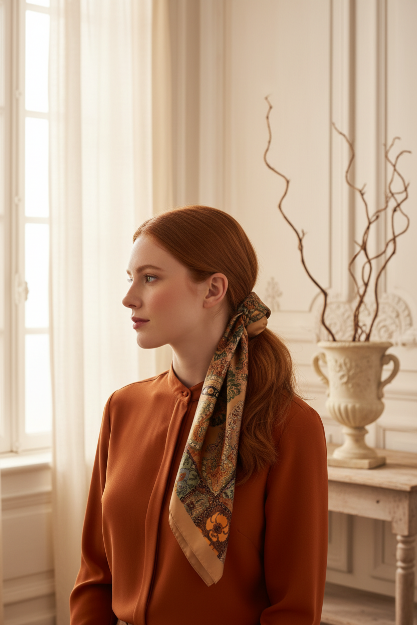 Satin paisley scarf tied as ponytail wrap on woman in French country setting with stone urn