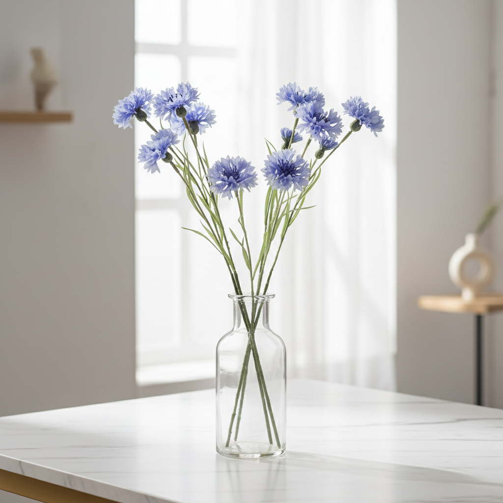 Artificial periwinkle blue cornflower stems in clear glass vase on white marble table, modern organic home decor
