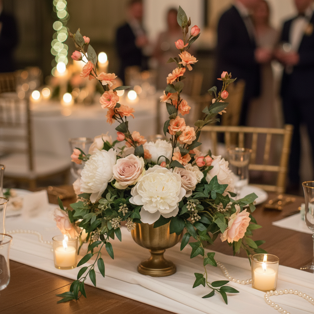 Artificial peach blossom stem in a romantic wedding centerpiece with white peonies, blush roses, and trailing greenery in a gold vase