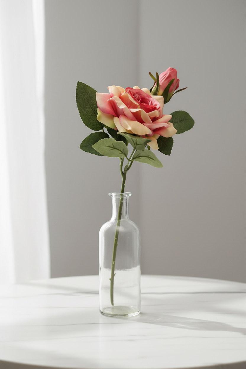 Single artificial pink rose stem in minimalist clear glass vase on white marble surface, modern clean home decor styling