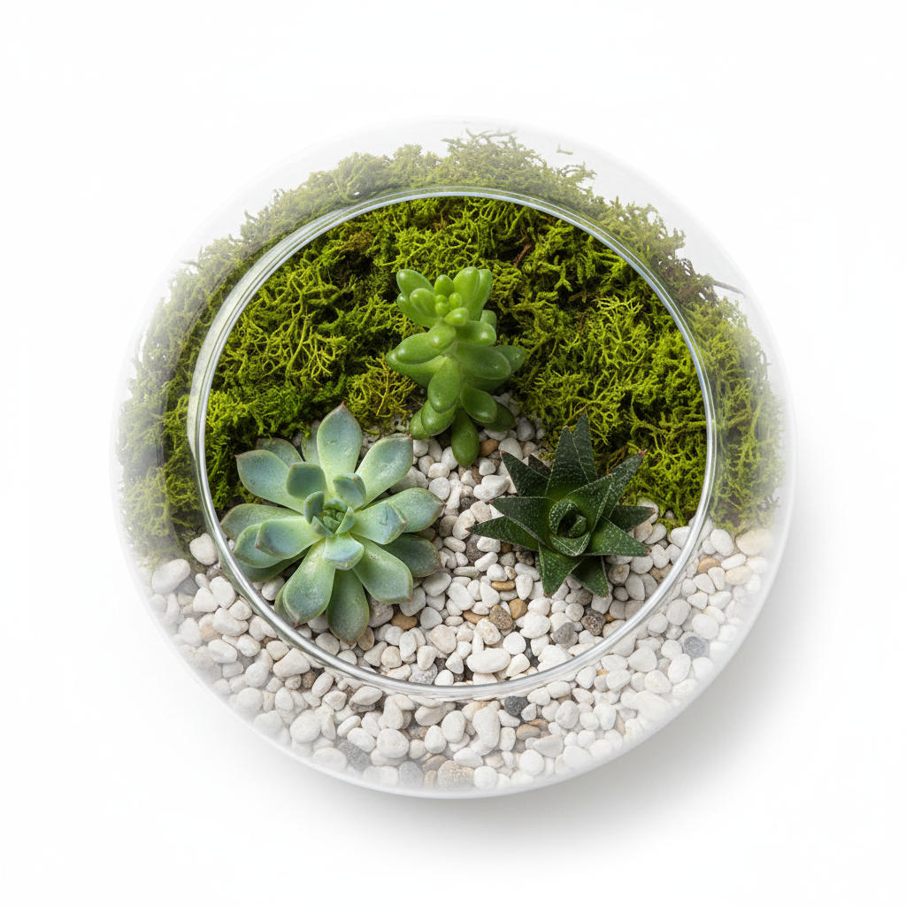 Artificial green moss layered inside a clear glass terrarium with small succulents, white pebbles, and tiny stones
