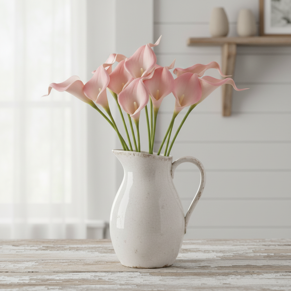 Blush pink faux calla lily stems in vintage white ceramic pitcher on distressed wood table, farmhouse cottage rustic luxe styling