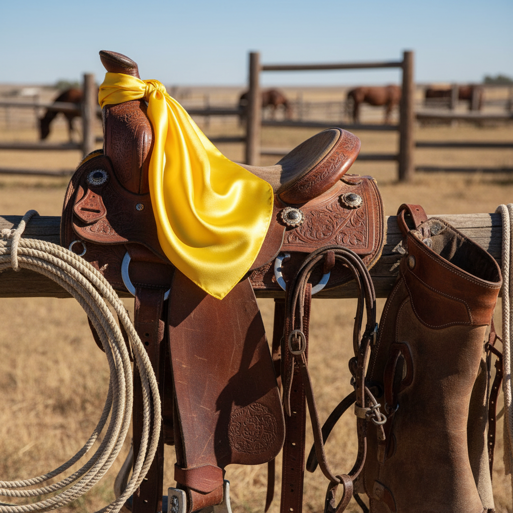 Yellow satin wild rag scarf draped over western saddle on wooden fence, rustic ranch setting with leather tack