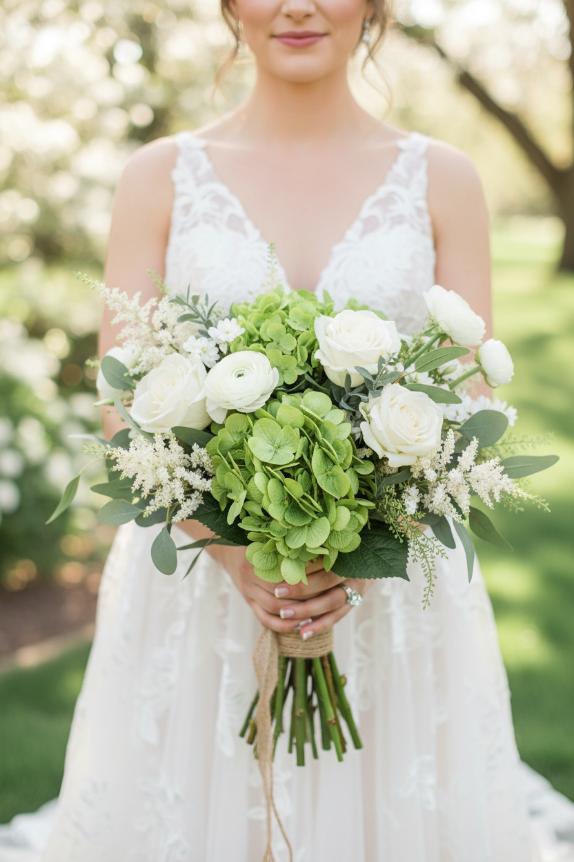 Fresh spring bridal bouquet featuring apple green hydrangeas with white flowers and greenery