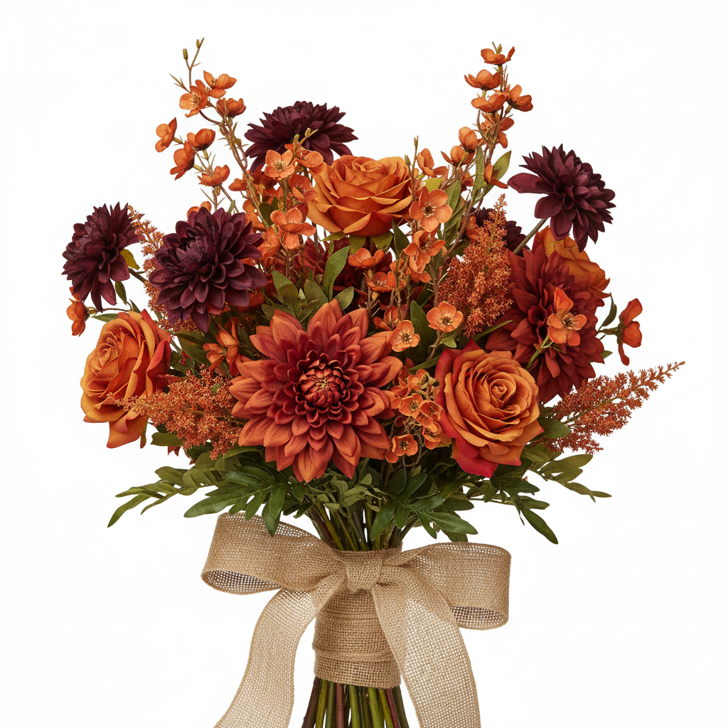 Artificial terracotta coral dogwood stems as filler flower in professional burgundy and rust fall floral shop bouquet