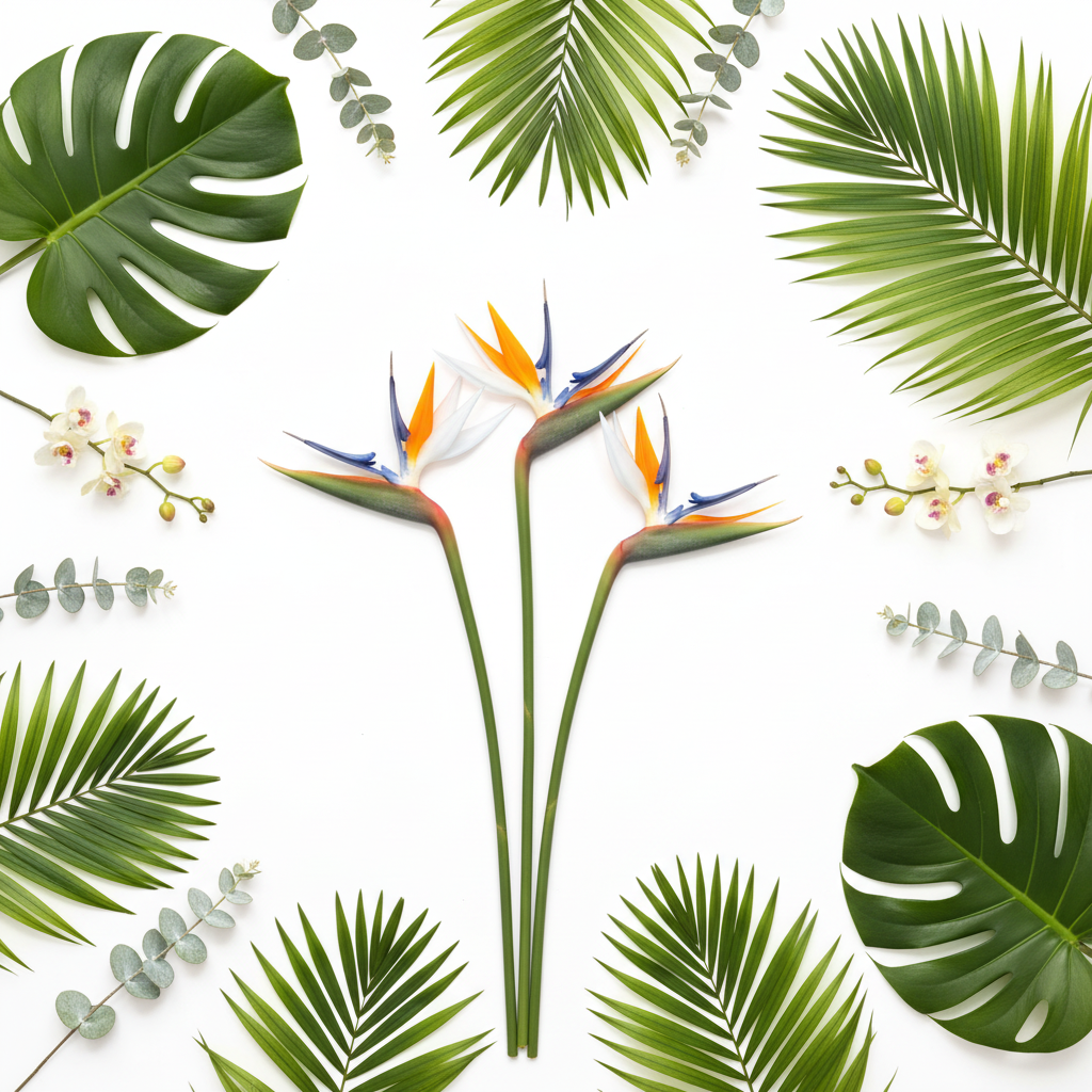 Three faux Bird of Paradise stems flat lay on white background with scattered monstera leaves, palm fronds, white orchids and eucalyptus sprigs, overhead view