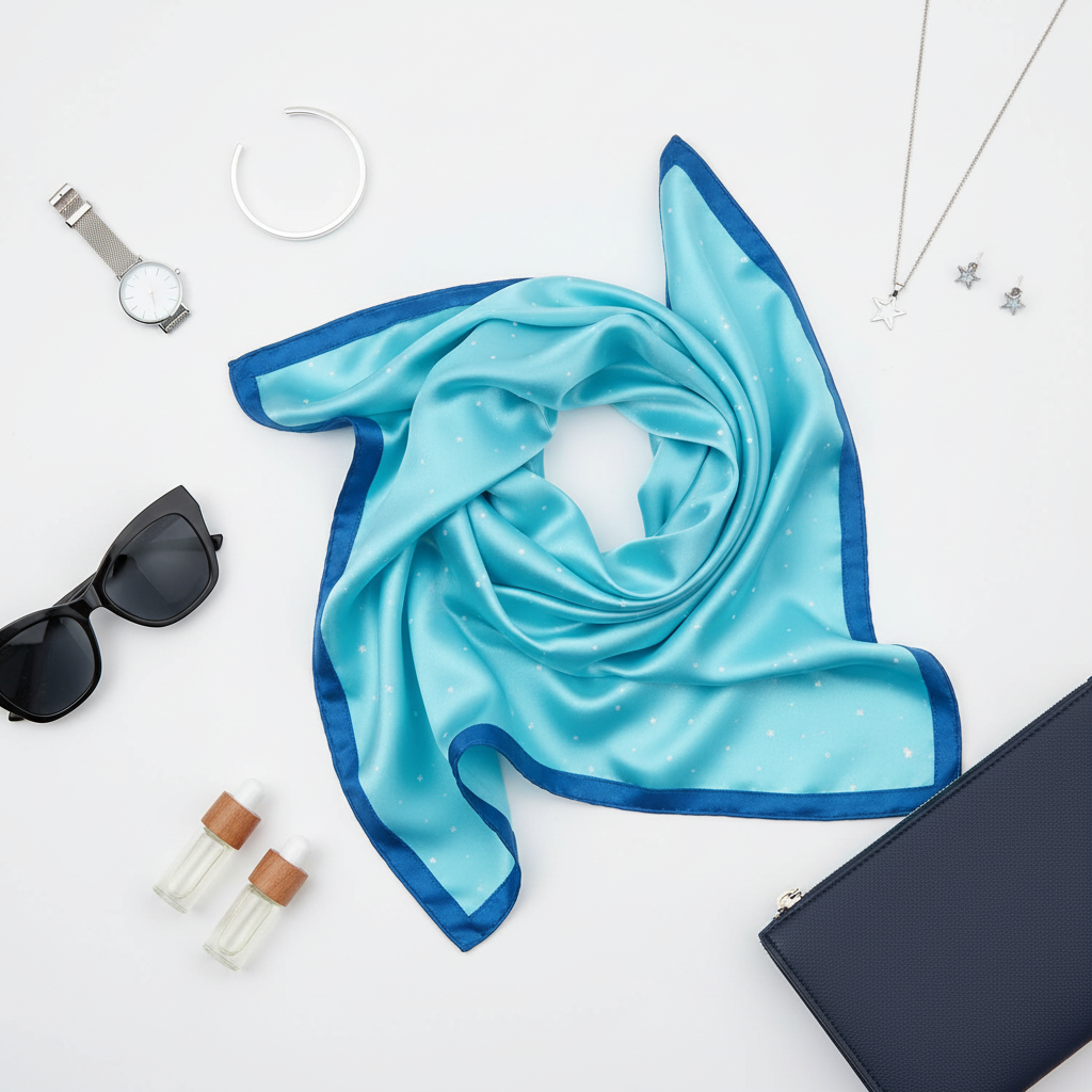 Flat lay of turquoise blue star print scarf with fashion accessories on white background