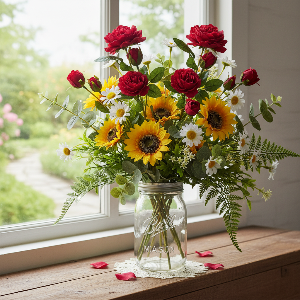 Artificial red garden roses mixed with sunflowers and daisies in vintage mason jar cottagecore arrangement