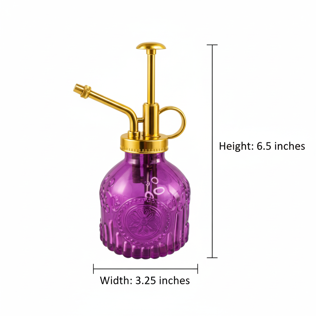 Purple glass plant mister measurement diagram showing 6.5 inches height and 3.25 inches width