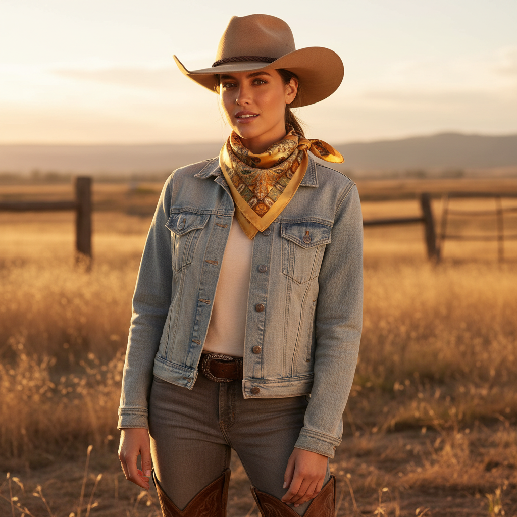 Woman wearing golden honey gold sage green paisley satin scarf as a western neck bandana with cowboy hat – rodeo and ranch wear styling